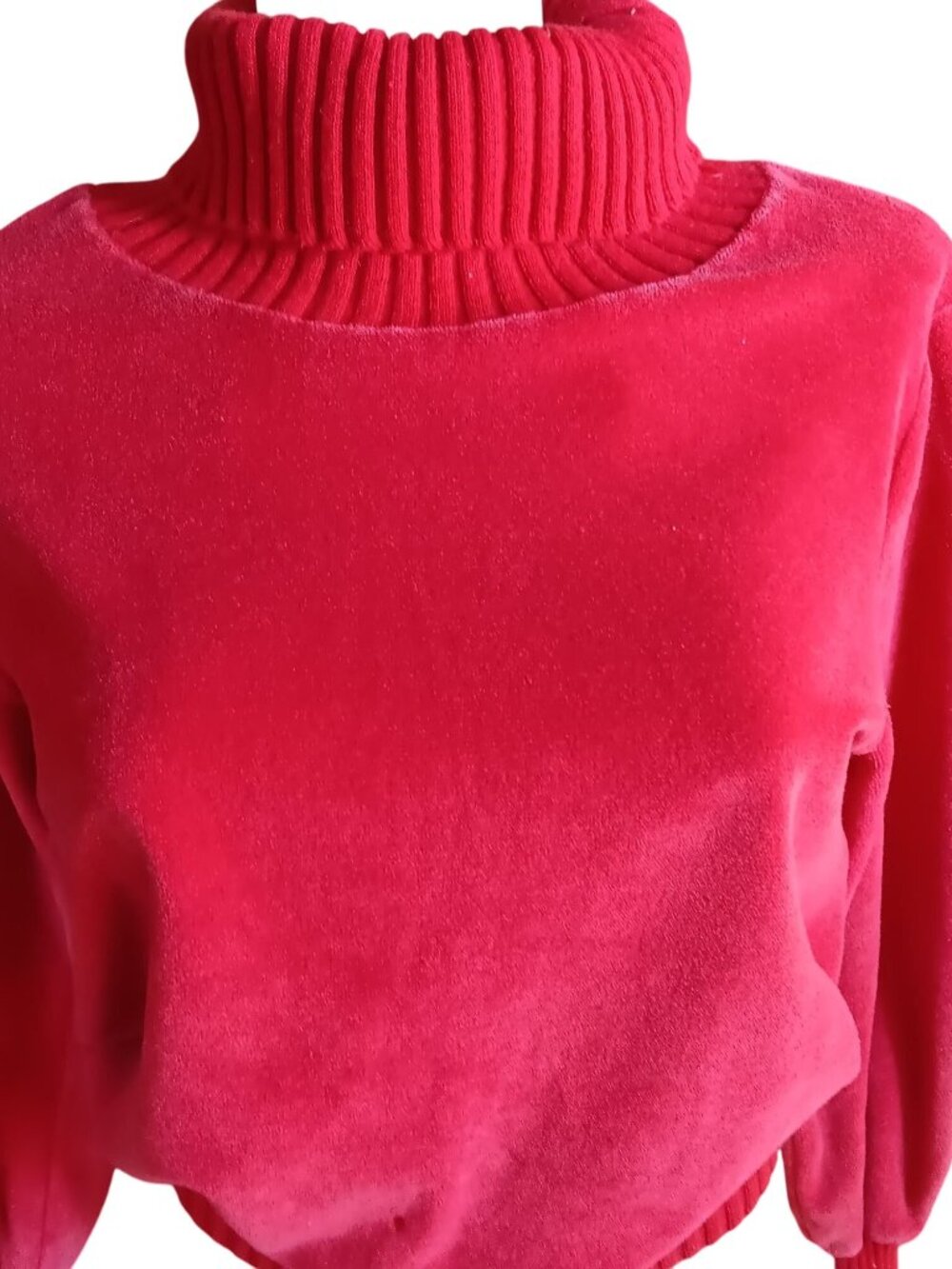 Vintage Women's Small Turtleneck Sweater 1970's Red Velour Ribbed Cuffs Cropped